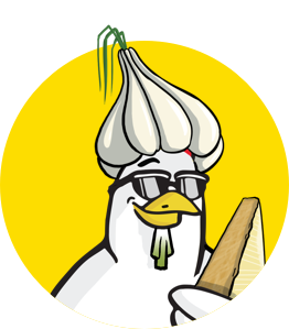 Chicken Guy! Sauce Logo with garlic hat holding parmesan cheese