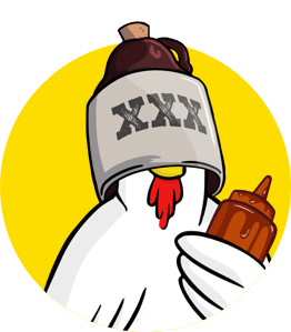A chicken wearing a bourbon jar on its head