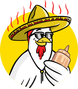 Cartoon chicken wearing a flaming sombrero, and sunglasses