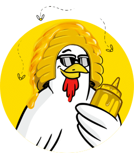 A cartoon chicken wearing a bee-hive on its head