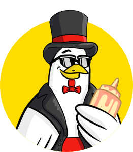 Cartoon chicken wearing a top hat and bow tie
