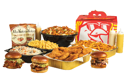 Catering party platter with tenders, fries, and dipping sauces