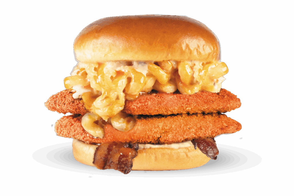 Mac 'n' cheese, smoked bacon, buffalo, SMC, & garlic Parmesan on a chicken tender sandwich