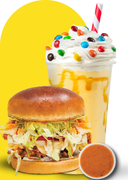 Calabrian Chicken sandwich with sauce and a shake