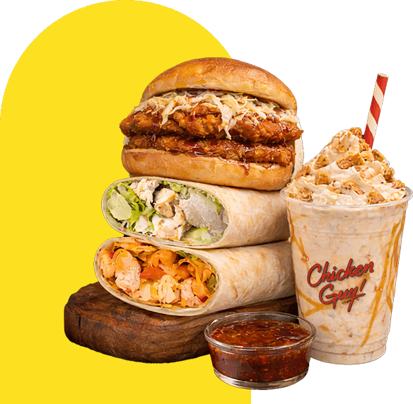 A stack of a Caesar Wrap, a Chop Chop Wrap, and a Korean BBQ Sandwich next to a Peach Cobbler Shake.