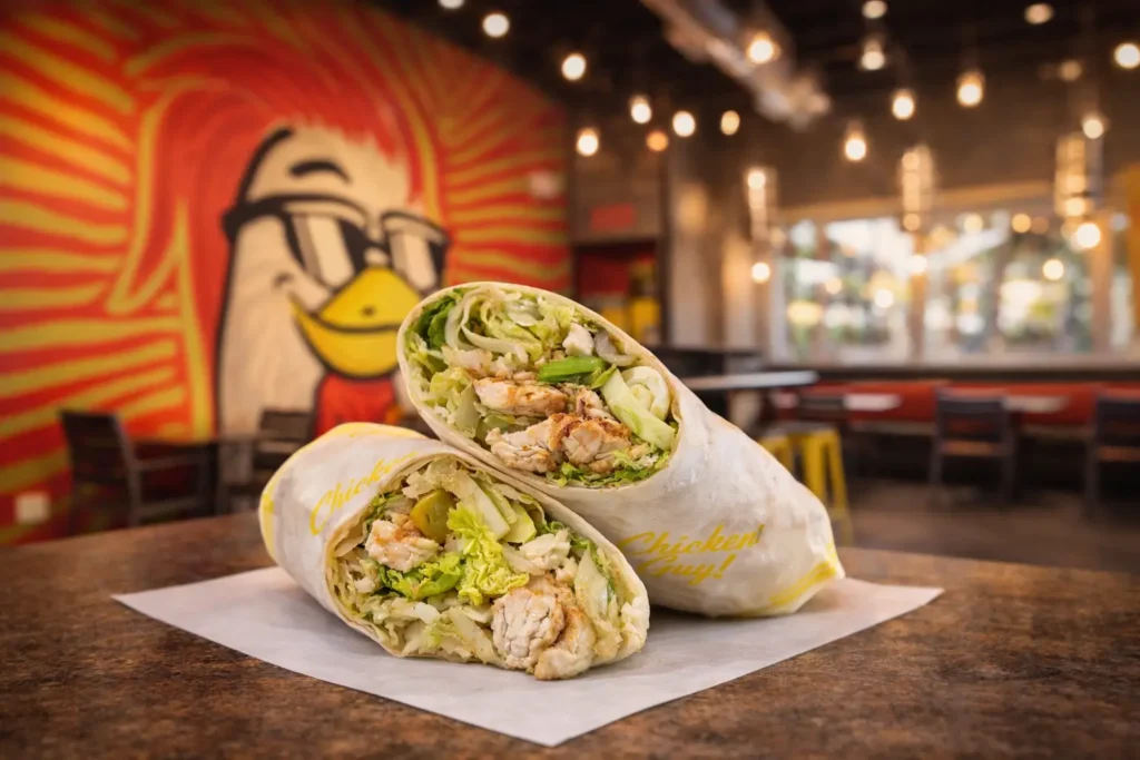 A chicken caesar wrap in a Chicken Guy! dining room