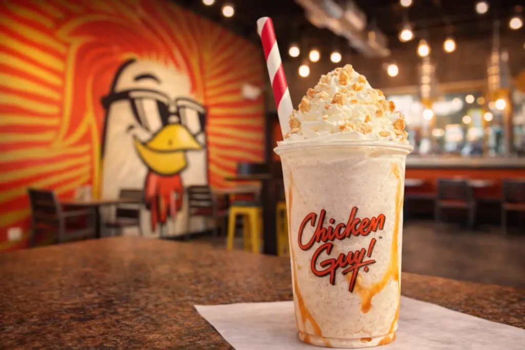 A Chicken Guy! milkshake topped with whipped cream and crumble sits on a wooden table, with the restaurant’s colorful chicken mural softly blurred in the background.