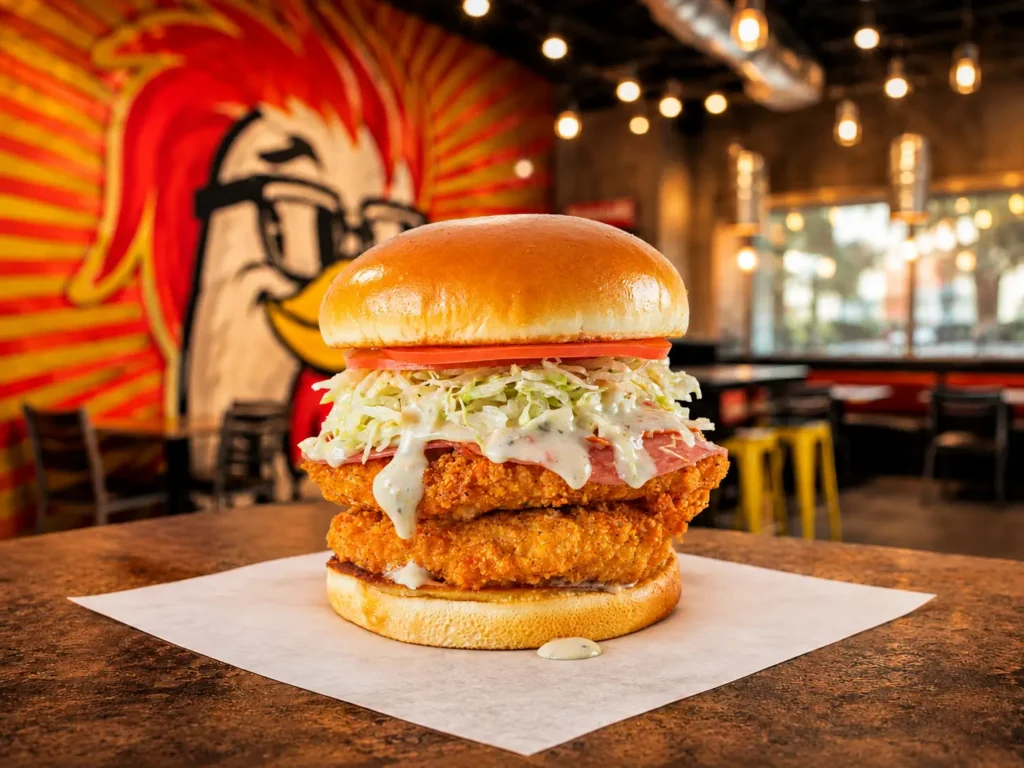The Italian Chicken Sandwich at Chicken Guy! with crispy chicken tenders, pepperoni, salami, provolone, lettuce, tomato, and Italian dressing.