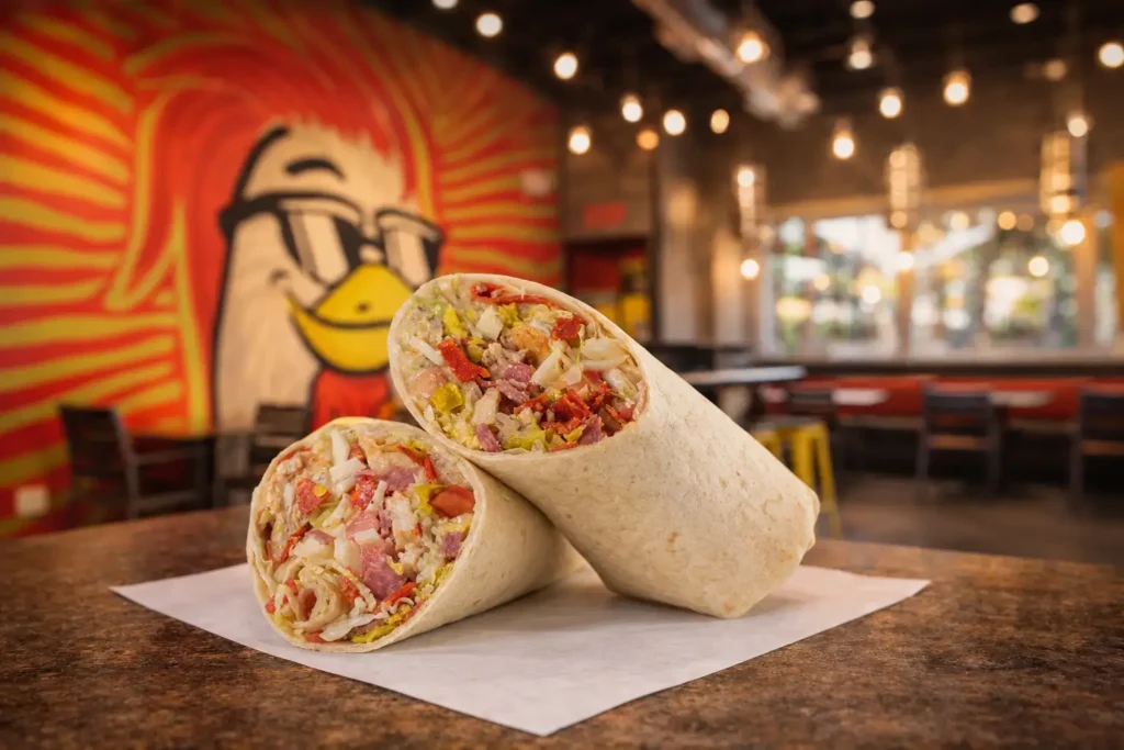 the Italian Wrap at Chicken Guy! with crispy chicken tenders, pepperoni, salami, provolone, lettuce, tomato, and Italian dressing.