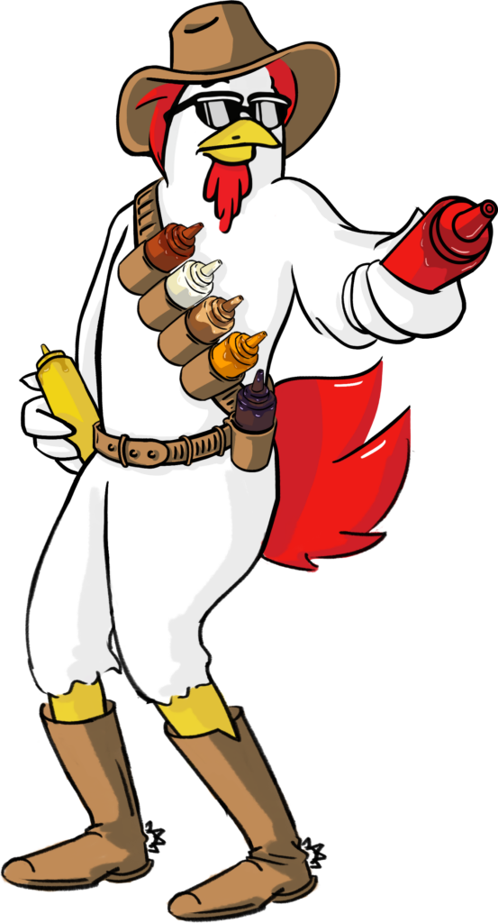 Chicken Guy Bandolero Animated Chicken holding sauce bottles with hat and boots