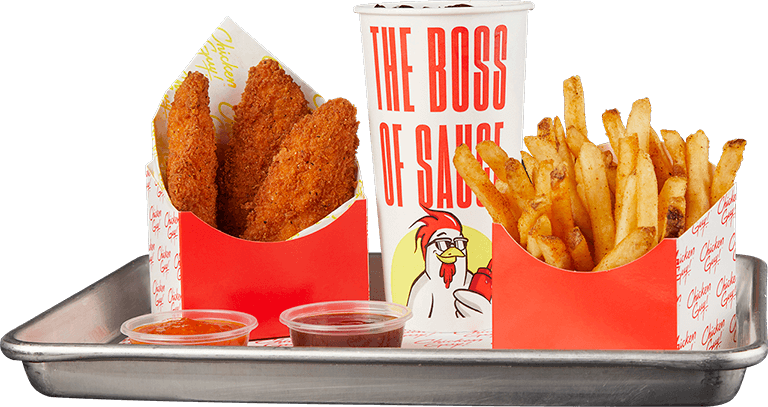 Chicken Tender Meal Tray with sauce, fries, and a drink from Chicken Guy!